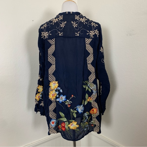 Johnny Was Floral Embroidered Tunic Top Women’s L Blue Multi Cupra Tie Neck Art - Picture 13 of 17